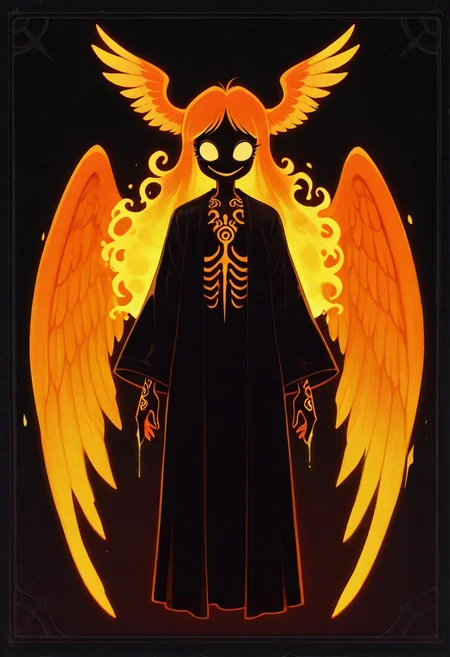 1 girl ,solo ,(ghostly hair), long hair, (glowing liquid hair:1.2), elaborate tattoos, intricate tattoos, open robe , glowing wings , big wings , orange feather , glowing feather , head wings ,
masterpiece, best quality ,amazing quality , WB-Illu ,Protoneon ,1950s_(style), film_grain, retro, retro_artstyle, digital_media_\(artwork\),