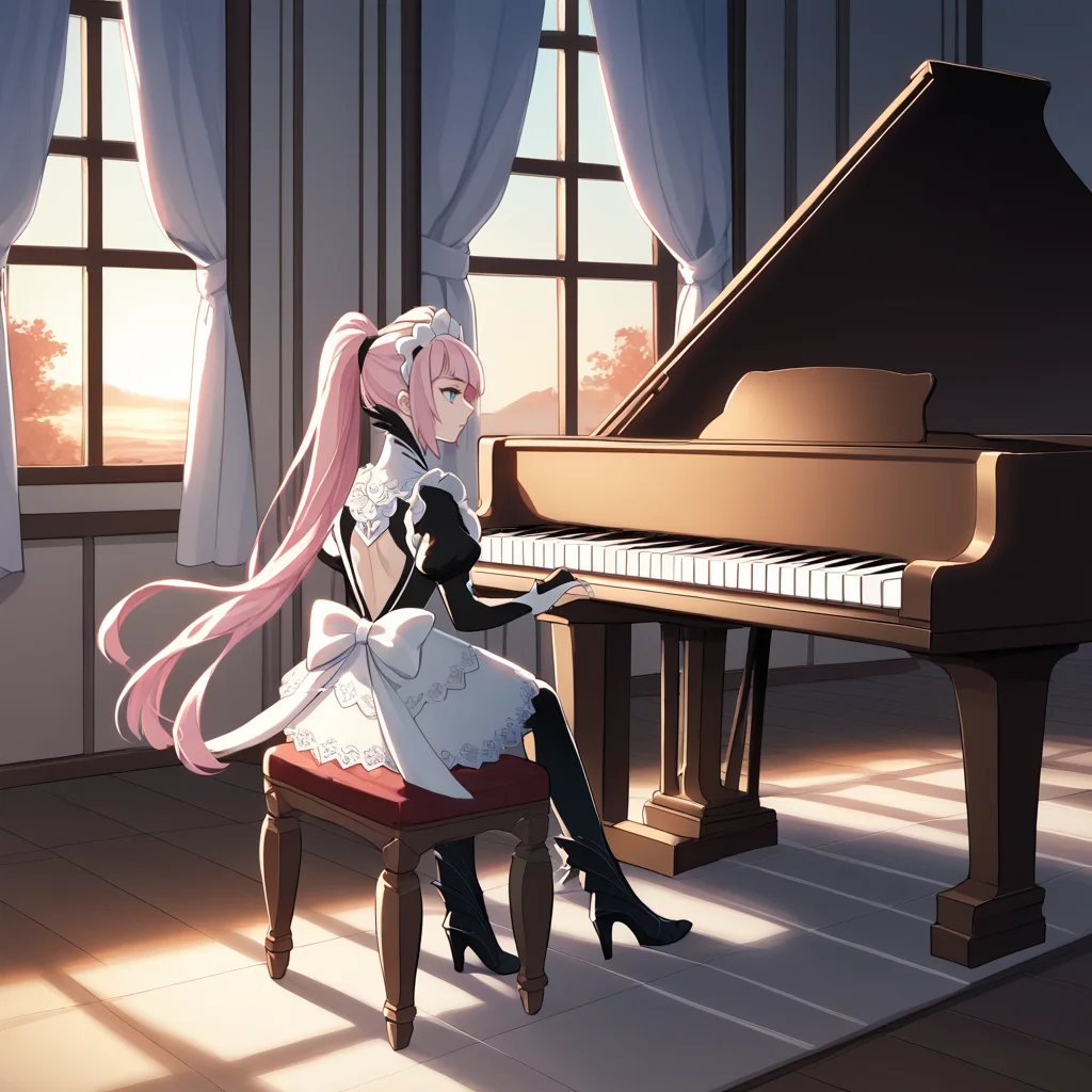 score_9, score_8_up, score_7_up, source_anime BREAK 1girl, solo, <lora:grandpiano-concept-richy-v1_pdxl:1> grand piano, sitting, playing piano, <lora:felicia-fe-richy-v1_pdxl:1> feliciadef, pink hair, very long hair, ponytail, blunt bangs, blue eyes, maid headdress, black thighhighs, bridal gauntlets, full body, looking to the side, high heel boots, indoors, curtains, sunset, leaning back, from behind, from side, backless outfit, back, floating hair