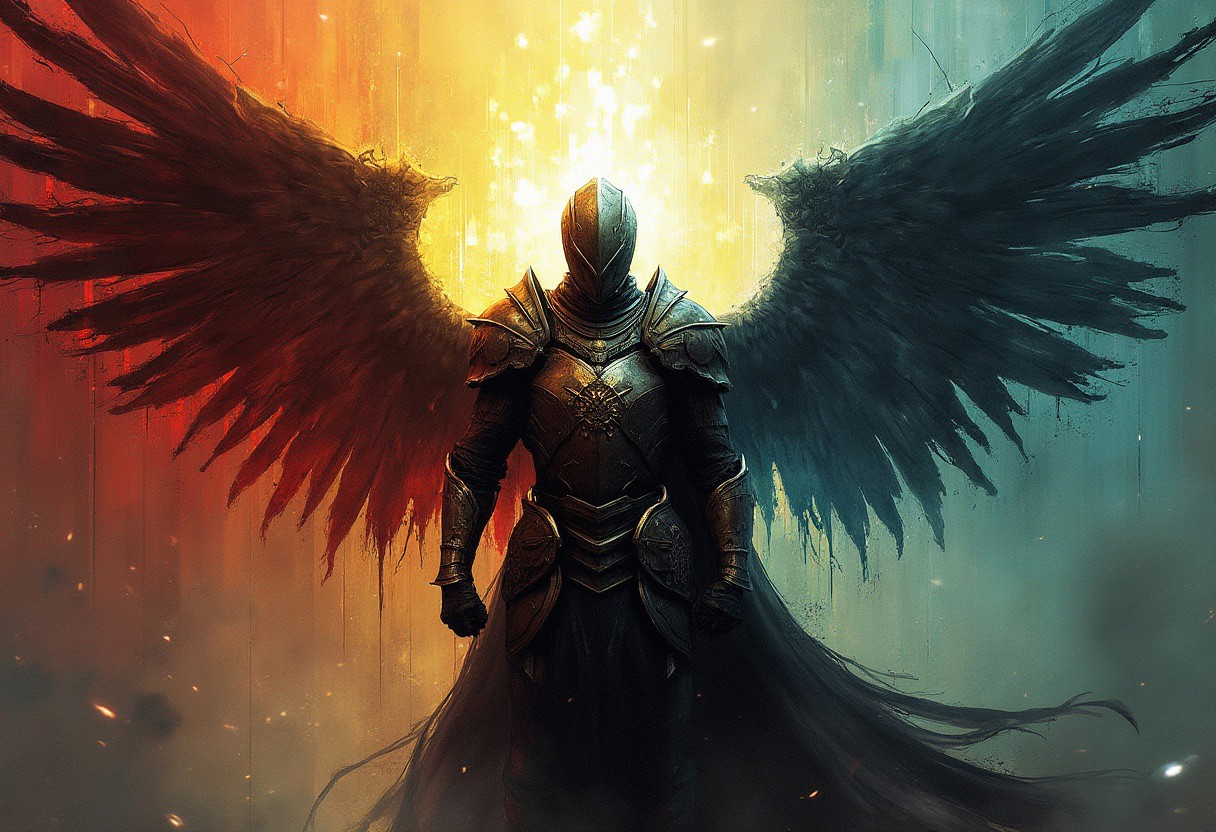 Solaire from dark souls in full armor with sigils, but is not wearing a helmet. Solaire's armor is partially fractured and shattered like it was glass. The backdrop is composed of different colors transitioning from warm reds and yellows near the center to calming blues and greens toward the periphery. The backdrop is centered behind the subject. The colors are separated by metallic fractures, creating a glowing mosaic effect. The colors of the backdrop are most intense near the center. The backdrop is partially shattered like glass. The subject itself is a stark and gloomy silhouette, contrasting beautifully against the vibrant, light-filled fragments surrounding it. Solaire has majestic wings, but they are not the focus. Emlhasis is placed on solaire and the backdrop.
