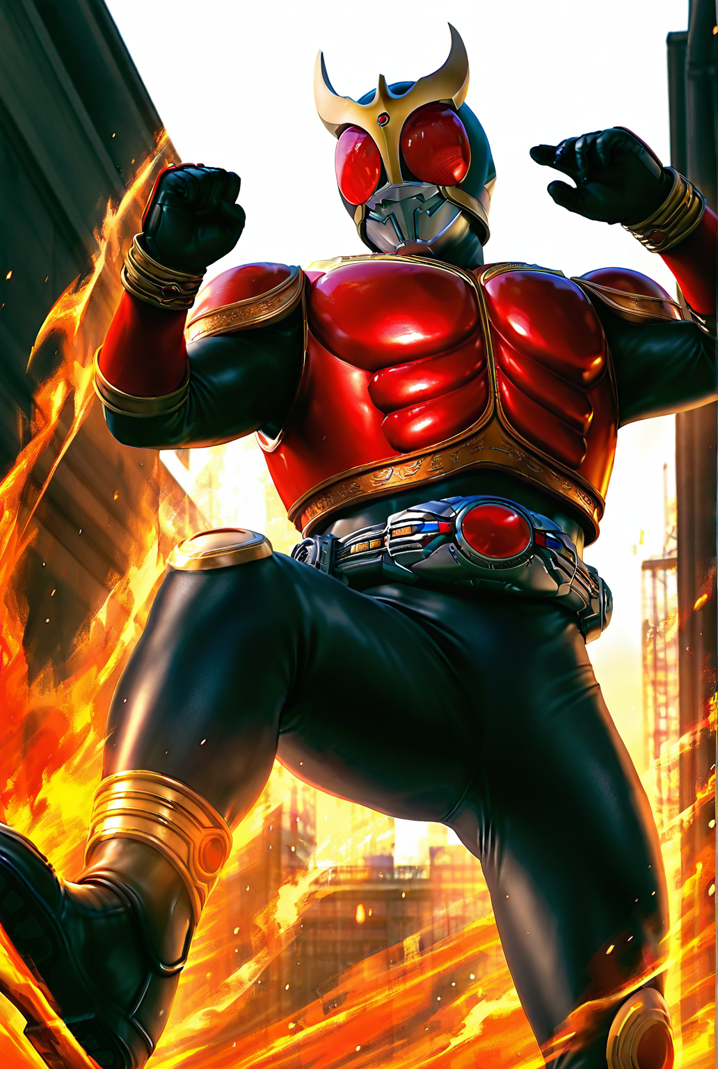 score_9,score_8_up,score_7_up,best quality,ultra-detailed,high resolution,digital painting,8k,1boy,solo,cowboy shot,male focus,bara,detailed face,helmet,tokusatsu,armor,belt,bodysuit,gloves,kamen rider kick,fire,<lora:add-detail-xl:1>,<lora:Kamen Rider Kuuga:0.8>,kamen rider kuuga,