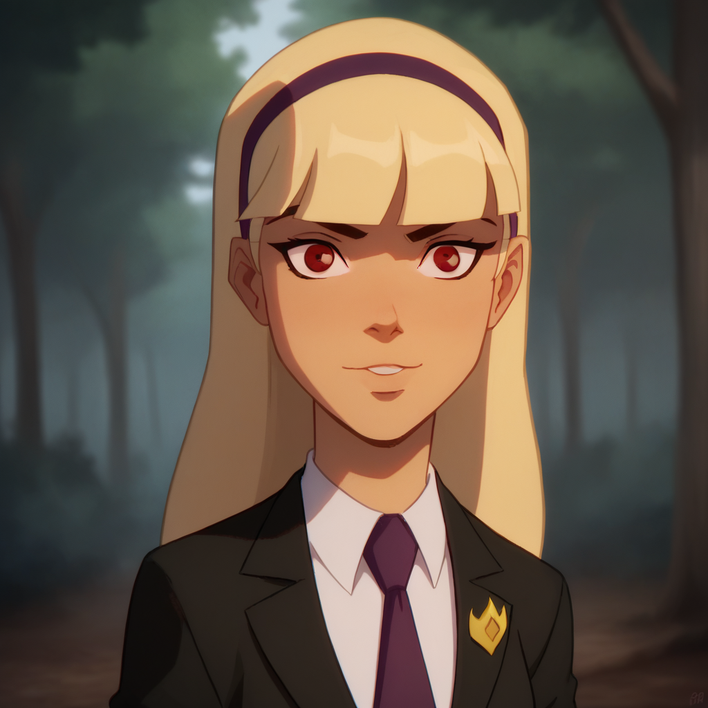 score_9_up, score_8_up, BREAK, YJTheC, 1girl, solo, blonde hair, long hair, red eyes, headband, suit, formal, necktie, upper body,  <lora:TheChild_YoungJustice_PXL_Leaf1:1>, looking at viewer, forest,