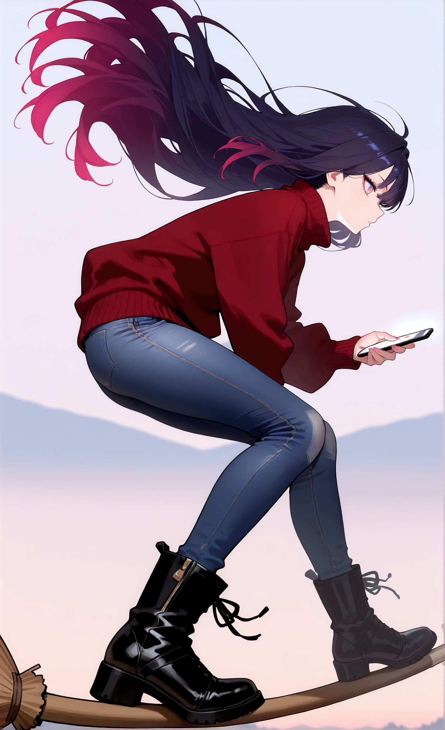 masterpiece, sharp detail, 1girl,   detailed eyes, gradient eyes, highly detailed hairs,  <lora:Bloom Surfing:0.8> broom surfing, from side, standing, jeans, long hair, floating hair, boots, sweater, checking cellphone,