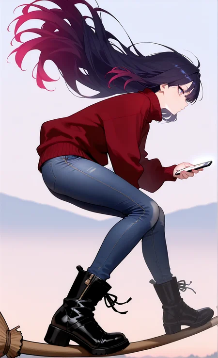 masterpiece, sharp detail, 1girl, detailed eyes, gradient eyes, highly detailed hairs, <lora:Bloom Surfing:0.8> broom surfing, from side, standing, jeans, long hair, floating hair, boots, sweater, checking cellphone,