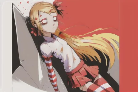 anime, 1girl, solo, Wendy, white shirt, short puffy sleeves, red pleated skirt, hair flower, no pupils, blank eyes, striped thigh highs