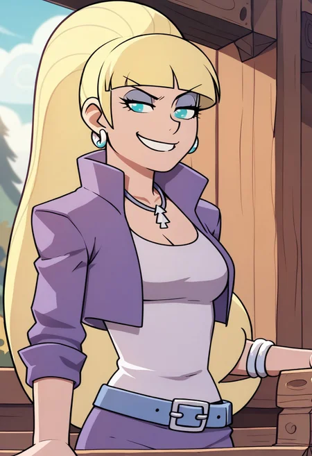 score_9, score_8, score_7, incogstyle, gfPacifica, 1girl, (((solo))), cropped jacket, smirking, dutch angel, on wooden porch,