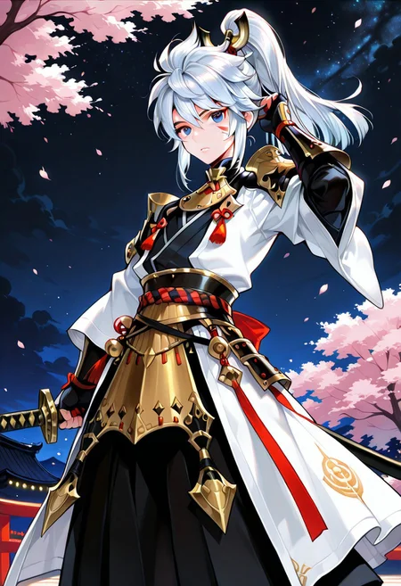 ace \(seven knights\), swordmaster, long hair, ponytail, looking at viewer, samurai, armor, white coat, black hakama, adjusting hair, solo, outdoors, cherry blossom, night sky