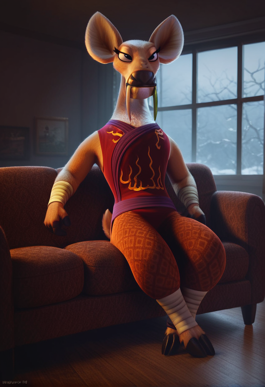 score_9, score_8_up, score_8,
  <lora:Jade_Tusk_Kung_Fu_Panda_for_PonyXL:0.8> 1girl, j4de_tu5k, furry female, tusks, deer girl, solo
living room, sitting on couch, window