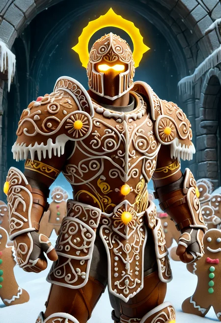 GBKnight, masterpiece, best quality, stunning detail, highly aesthetic, absurdres, A gingerbread, (glowing yellow halo above his head:1.2), muscular, wearing gingerbread shoulder armor, ruined dungeon in background