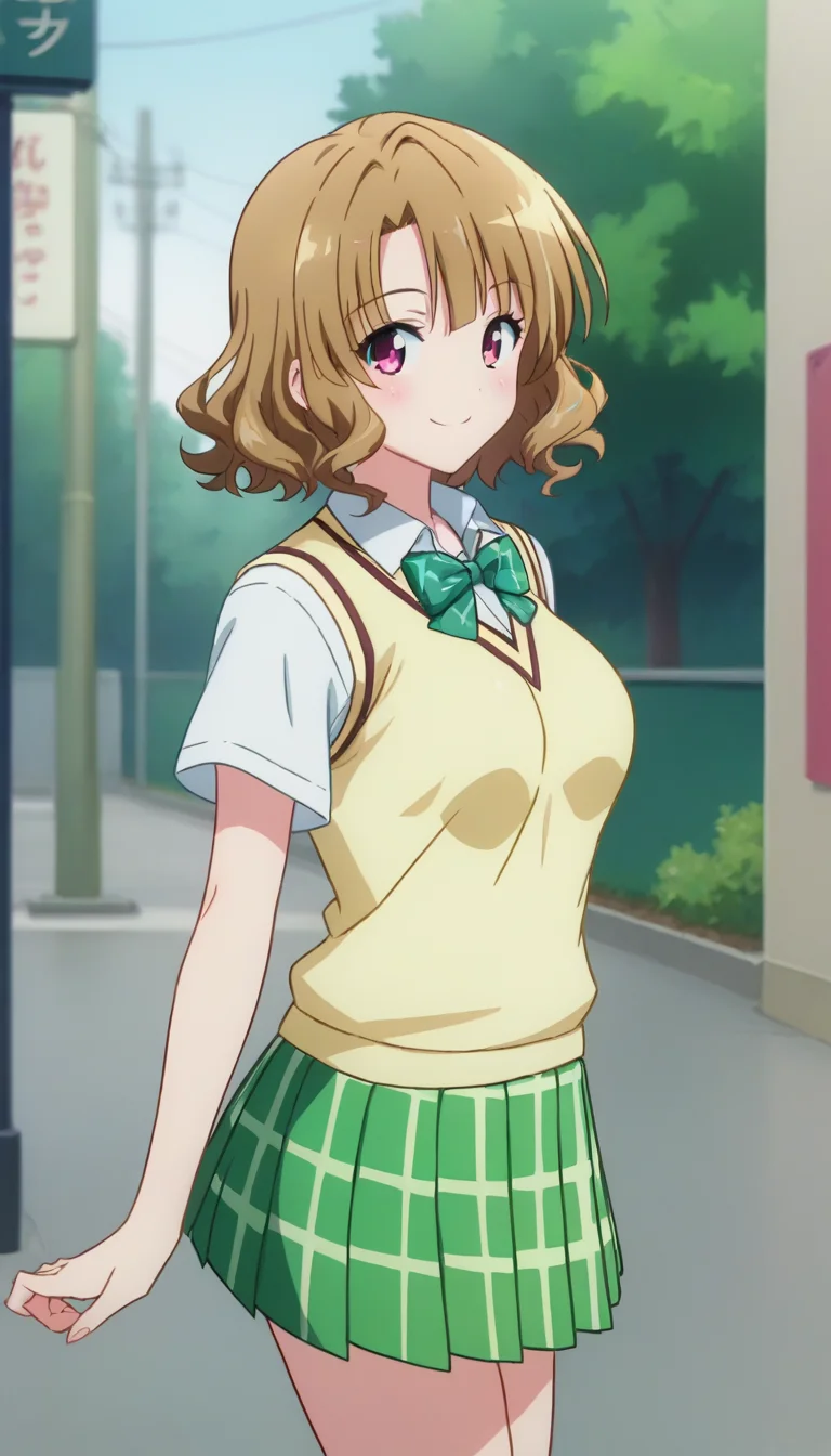 score_9,score_8_up,score_7_up,score_6_up BREAK official art,solo,outdoors,cowboy shot,looking at viewer,facing viewer,smile,blush,Momioka Risa,short curly hair,brown hair,bangs,pink eyes,school uniform,sweater vest,yellow vest,white shirt,collared shirt,green bowtie,short sleeves,medium breasts,miniskirt,green skirt,plaid skirt,pleated skirt,black socks,loafers,<lora:Momioka Risa(tlr)-Pony:1.6>,