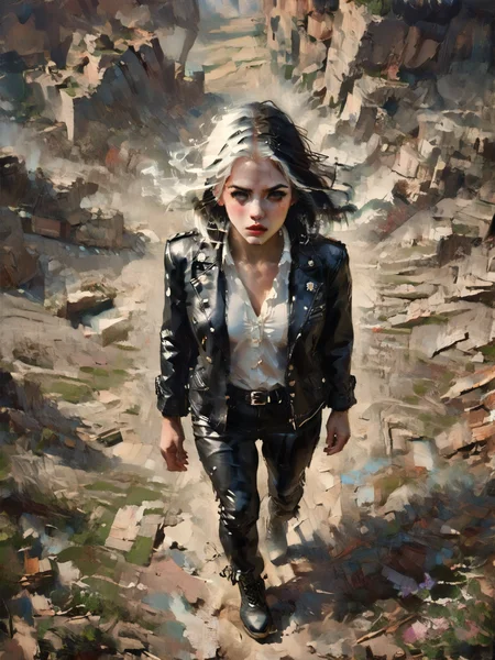 score_9, score_8_up, score_7_up, Fighting scene, shot from above, looking up against all odds, 1girl, pale skin, medium breasts, Black leather jacket, black leather pants, black riding boots, white highlights, Black hair, white highlights, <lora:OilpaintIMP:1> 0cmtr1g, 0cm, 0cm1sc, 4rch, The fall of ancient power, the towers topple, the ruins return, and she remains,highly detailed
