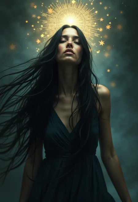 Clairvoyant with long black hair flowing to reveal a visionary spirit, floating magical symbols surround her, enchanting chant sound waves visualized encapsulating her, ancient wisdom aura radiating, shadows leaning into the composition, digital painting, ultra-realistic, dreamy soft focus, ultra fine, dramatic lighting, cinematic quality, reduced saturation.