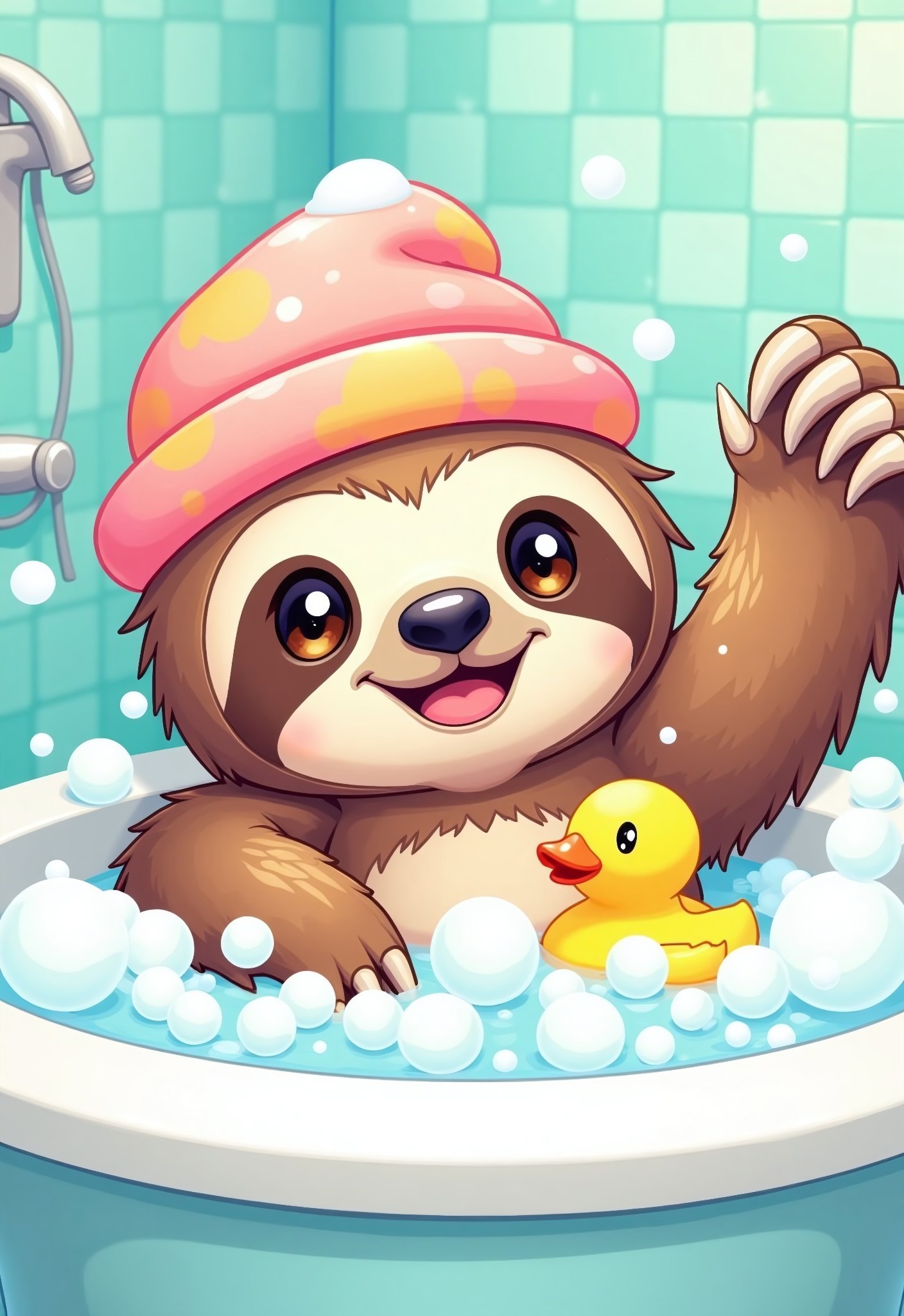 aidmaimageupgrader, a high quality intricate cartoon styled image of an adorable sloth sitting in a full bath, there are lots of bubbles and a yellow rubber duck in the bath, the sloth is wearing a bright coloured shower cap and is holding up a loofah