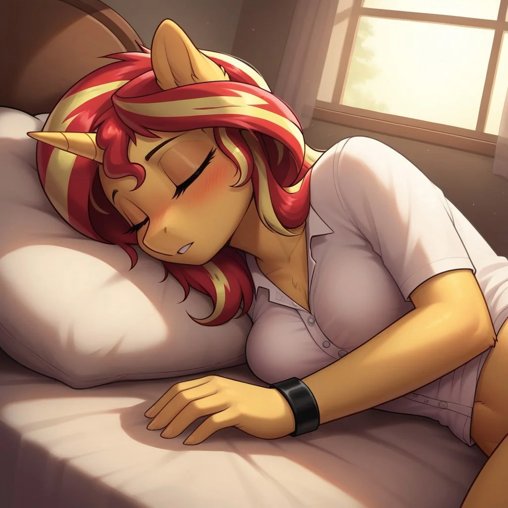 score_9, score_8_up, score_7_up, score_6_up, realistic illustration, dramatic angle, bedroom, bed, indoors, close view, 1girl, solo, sunset shimmer, pony, (anthro pony), 18 yo, tail, petite body, shiny skin, medium perky breasts, (white shirt, shirt with buttons), black bracelets, lying on bed, lying on side, seducing, blush, blushing, inviting look, closed eyes, (sleeping), erotic solo, dynamic pose, dramatic angle, sexy, ((face focus, face only))