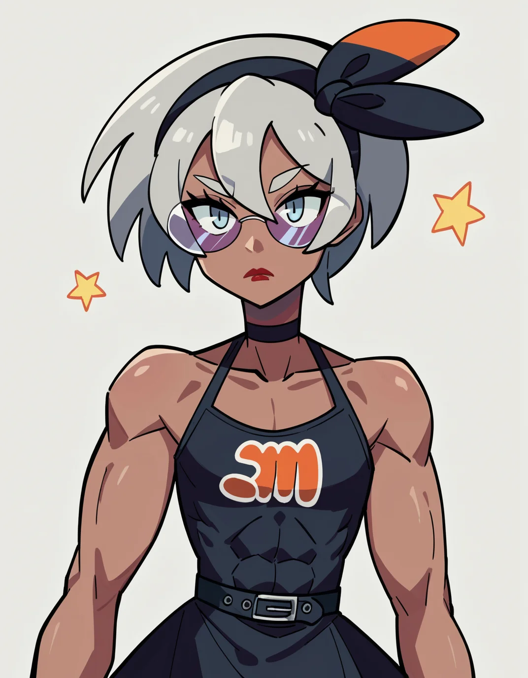 zPDXL, score_9, score_8_up, score_7_up, source_anime, 1girl, solo, absurdres, 4k, <lora:anapijama:0.8> anapijama, Pokemon, Bea, dark-skinned female, silver hair, muscular, flat chest, expressionless, star_hands, model wearing a large dalmatian print wrap dress, stilettos, red lipstick,eyeliner, statement sunglasses