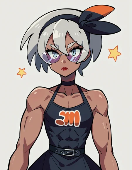 zPDXL, score_9, score_8_up, score_7_up, source_anime, 1girl, solo, absurdres, 4k, <lora:anapijama:0.8> anapijama, Pokemon, Bea, dark-skinned female, silver hair, muscular, flat chest, expressionless, star_hands, model wearing a large dalmatian print wrap dress, stilettos, red lipstick,eyeliner, statement sunglasses