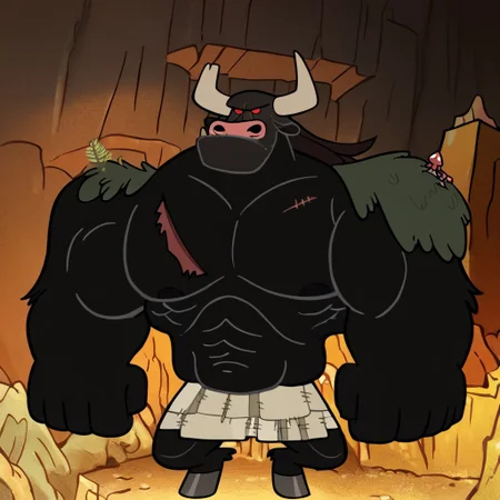 Leaderaur, red eyes, muscular, scar, furry male, giant, pectorals, minotaur, abs, loincloth, long hair, moss on shoulders, cave, score_9, score_8_up, score_7_up, score_6_up, close up, portrait, detailed face, detailed eyes,