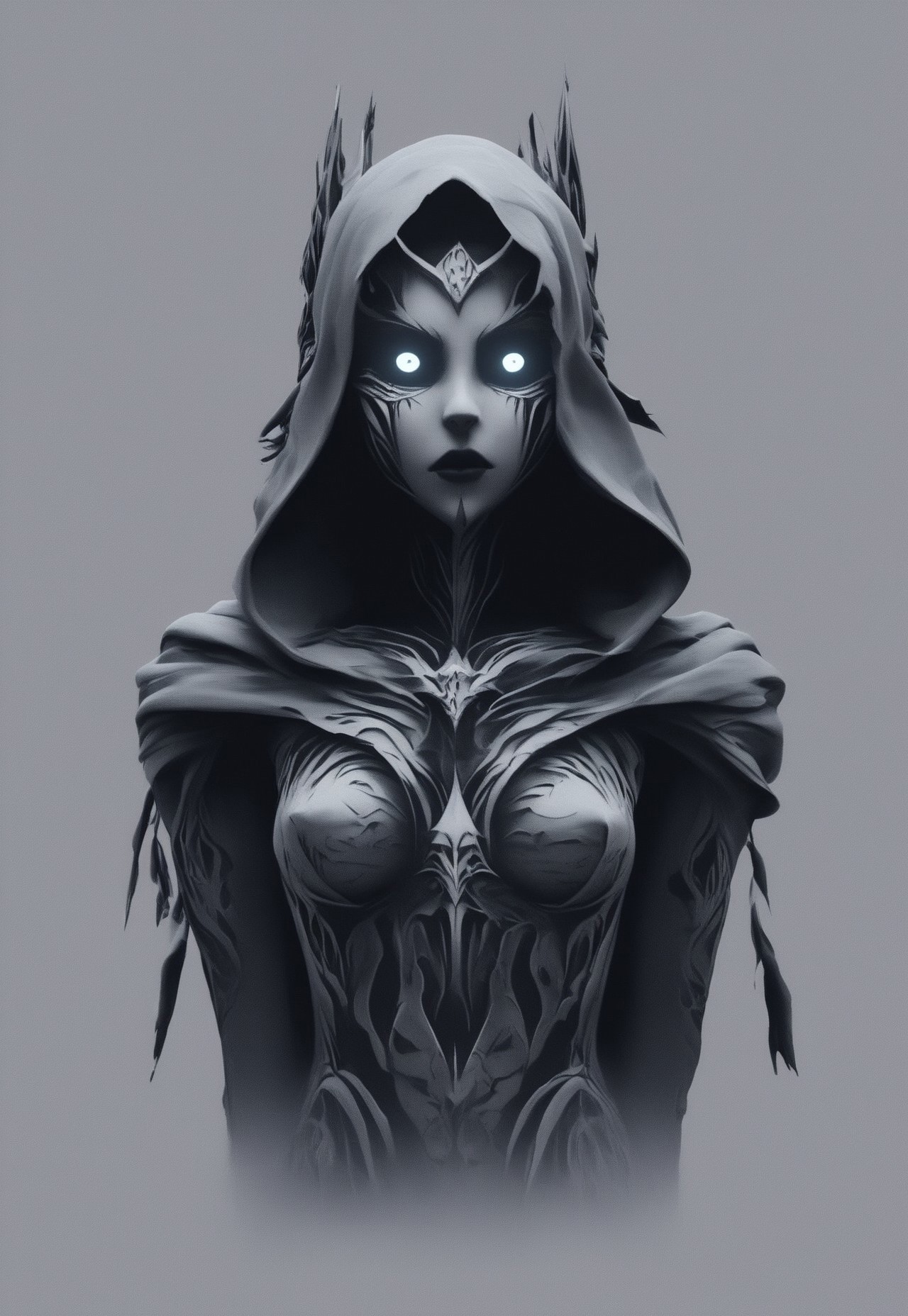 This is a dramatic, CGI-generated image depicting a powerful, mystical scene steeped in void-like darkness. The central figure is an imposing, hooded entity, draped in a tattered cloak that billows eerily around them, as if alive with the essence of shadow itself. Their face remains obscured by the deep shadows of the hood, enhancing the enigmatic and ominous atmosphere. As they stand with arms raised and hands open, a swirling mass of void energy radiates from their fingertips, distorting the surrounding darkness and hinting at their immense control over the chaotic forces of the abyss that swirl around them, pulling in light and matter alike.