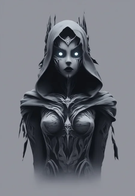 This is a dramatic, CGI-generated image depicting a powerful, mystical scene steeped in void-like darkness. The central figure is an imposing, hooded entity, draped in a tattered cloak that billows eerily around them, as if alive with the essence of shadow itself. Their face remains obscured by the deep shadows of the hood, enhancing the enigmatic and ominous atmosphere. As they stand with arms raised and hands open, a swirling mass of void energy radiates from their fingertips, distorting the surrounding darkness and hinting at their immense control over the chaotic forces of the abyss that swirl around them, pulling in light and matter alike.