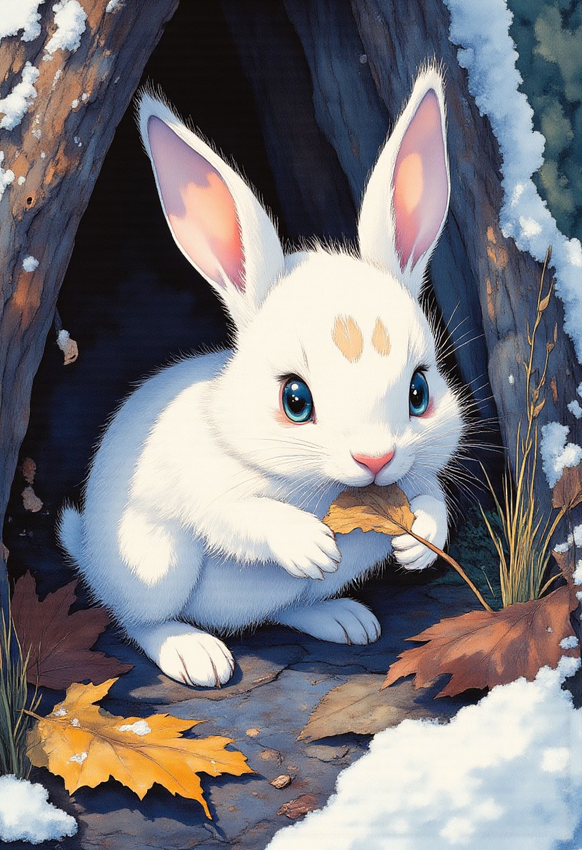 A close-up digital illustration of a fluffy rabbit nibbling a dried grass blade on a forest floor with brown leaves and snow patches; white-faced rabbit with pink nose, blue eyes, black fur with forehead patch; rough tree trunk background; composition via golden ratio, rule of thirds and central axis; harmonious warm-cool palette; dynamic soft shadows and highlights.