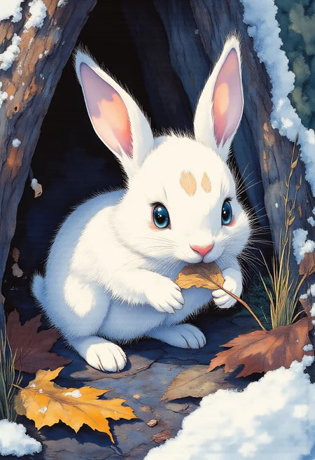 A close-up digital illustration of a fluffy rabbit nibbling a dried grass blade on a forest floor with brown leaves and snow patches; white-faced rabbit with pink nose, blue eyes, black fur with forehead patch; rough tree trunk background; composition via golden ratio, rule of thirds and central axis; harmonious warm-cool palette; dynamic soft shadows and highlights.