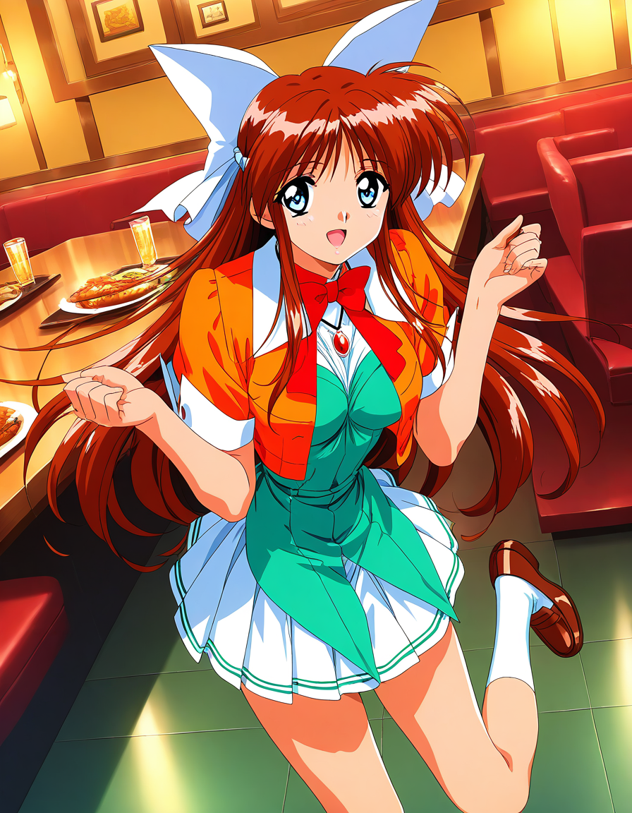 general,highres, game cg, ultra-detailed,very aesthetic,best quality ,best hands,  BREAK <lora:Hinomori_Azusa_OVA_IS:1> 1990s \(style\),anime coloring, 
Hinomori_Azusa_OVA, 1girl, very long hair, brown hair, white ribbon, blue eyes, hair ribbon, breasts, bangs, 1990s \(style\),anime coloring, 
 jewelry, loafers, pleated skirt, socks, smile, necklace, hair bow, pendant, orange jacket, cropped jacket,  short sleeves, green dress, white skirt, red bowtie, front view, looking at viewer, open mouth, at a restaurant , modern indoors,