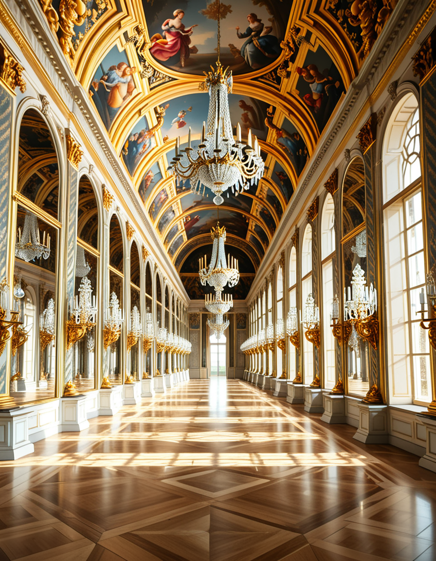 A breathtaking, photorealistic depiction of the Hall of Mirrors (Galerie des Glaces) at the Palace of Versailles in France, captured in golden afternoon light. The hall is grand and opulent, with a high arched ceiling painted with intricate Baroque frescoes. The walls are lined with tall arched mirrors on one side and large arched windows on the opposite side, flooding the space with natural light. Elegant crystal chandeliers hang from the ceiling, reflecting in the mirrors and sparkling with golden highlights. The marble floors are polished and gleaming, with rich, warm tones. Gilded statues and decorative elements frame the mirrors and doorways. The image style is ultra-detailed and photorealistic, with sharp textures and soft, warm lighting creating a majestic, timeless atmosphere. No people present, only the serene magnificence of the empty hall. Camera angle at eye level, centered down the hall, capturing the full length and symmetry of the space.
<lora:SDXLFaeTastic2400:0.4> <lora:extremely_detailed:0.4> extremely detailed,<lora:Hall_of_M1rr0rs:1>,Hall of M1rr0rs, Masterpiece,best quality,hi res,8k,hi res,8k,award winning,(sharp focus, intricate, highly detailed),