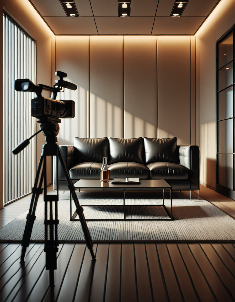 A high-quality, realistic photograph of a modern casting office interior featuring a simple black leather couch positioned against a plain white wall. The couch is sleek, clean, and minimalist in design, with smooth cushions and subtle stitching details. In front of the couch is a small, low wooden coffee table with a few neatly stacked magazines and a glass of water. To the side, there's a professional camera on a tripod aimed at the couch, with softbox lights set up to provide balanced, diffused lighting, eliminating harsh shadows. The floor is covered with light gray carpet, adding a soft texture to the scene. The atmosphere is quiet and neutral, resembling a professional interview space. The overall composition is centered and symmetrical, with a clear focus on the furniture and equipment. No people are present. The photograph has a natural daylight tone coming from an unseen window, giving a soft, ambient glow to the room.
<lora:SDXLFaeTastic2400:0.4> <lora:extremely_detailed:0.4> extremely detailed, <lora:C4st1ng_c0uch-i:1>,C4st1ng c0uch, Masterpiece,best quality,hi res,8k,hi res,8k,award winning,(sharp focus, intricate, highly detailed),