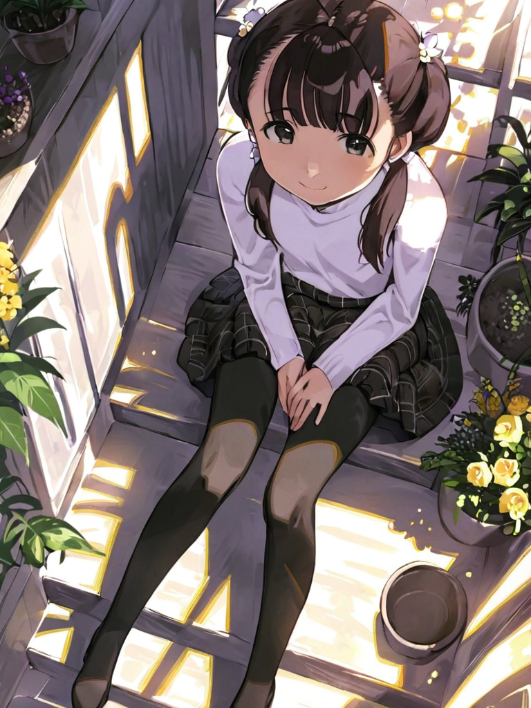 <lora:comicloa1_xl:1>,1girl, solo, pantyhose, sitting, flower, skirt, twintails, sitting on stairs, from above, black eyes, stairs, black hair, plaid skirt, legs, plaid, long hair, shade, smile, looking at viewer, black pantyhose, brown hair, looking up, own hands together, sunlight, brown eyes, long sleeves, plant, flower pot, book