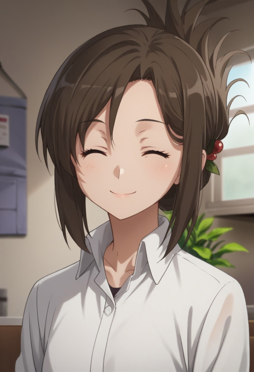 score_9, score_8_up, score_7_up, source_anime, highly detailed, 
YorikoYasaka, 1girl, solo, hair ornament, brown hair, closed eyes, shirt, folded ponytail, white shirt, pencil skirt, upper body, smile,
indoor, house, japan, smile