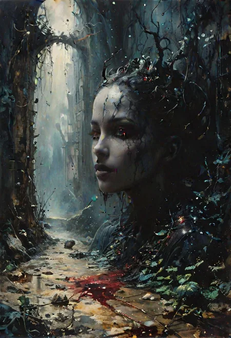 Dark Fantasy Art, Surrealism, A magical, maddening smell, expressive, dramatic, organic lines and forms, dreamlike and mysterious, Surrealism, dark, moody, dark fantasy style,black Gorgeous splash of vibrant paint