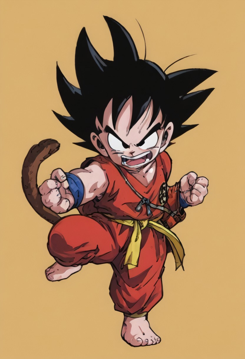 score_9, score_8_up, score_7_up, son goku, black hair, black eyes, spiked hair, monkey tail, male child, (chibi), short hair, yellow ribbon choker, black belt, or martial arts belt, white dougi, or Gi, - barefoot, [ Cute Toon | Lora Style ~✨, ng_deepnegative_v1_75t