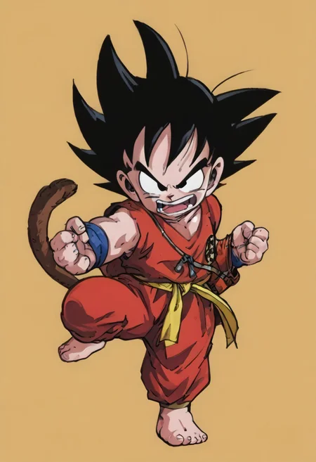 score_9, score_8_up, score_7_up, son goku, black hair, black eyes, spiked hair, monkey tail, male child, (chibi), short hair, yellow ribbon choker, black belt, or martial arts belt, white dougi, or Gi, - barefoot, [ Cute Toon | Lora Style ~✨, ng_deepnegative_v1_75t