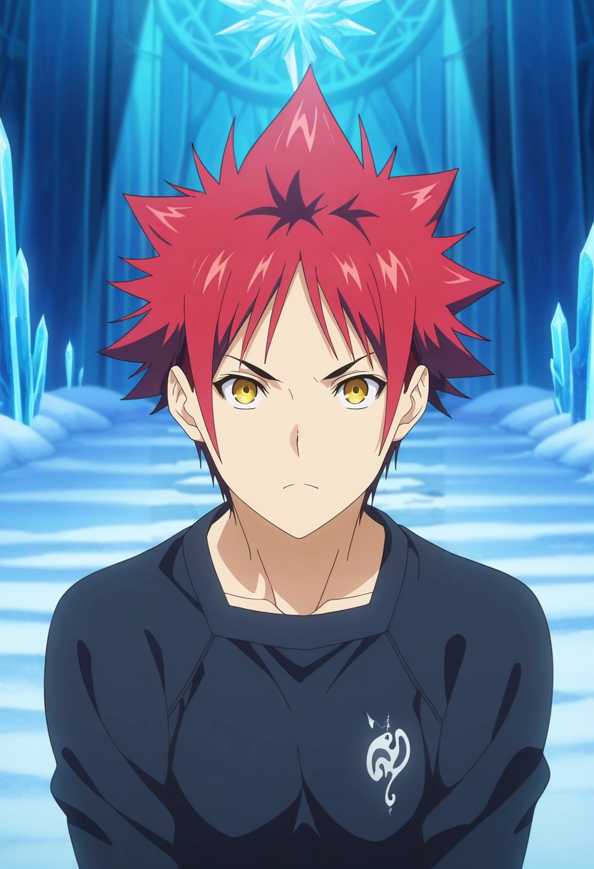 masterpiece, best quality, intricate details, anime screencap, anime coloring, official style, looking at viewer, 1boy, solo, male focus, <lora:souma_yukihira_ilxl:0.98>, souma_yukihira, red hair, yellow eyes, spiked hair, , ice labyrinth, frost patterns, crystal walls, snow drifts, exploring pose, determined expression, filtered light, ,