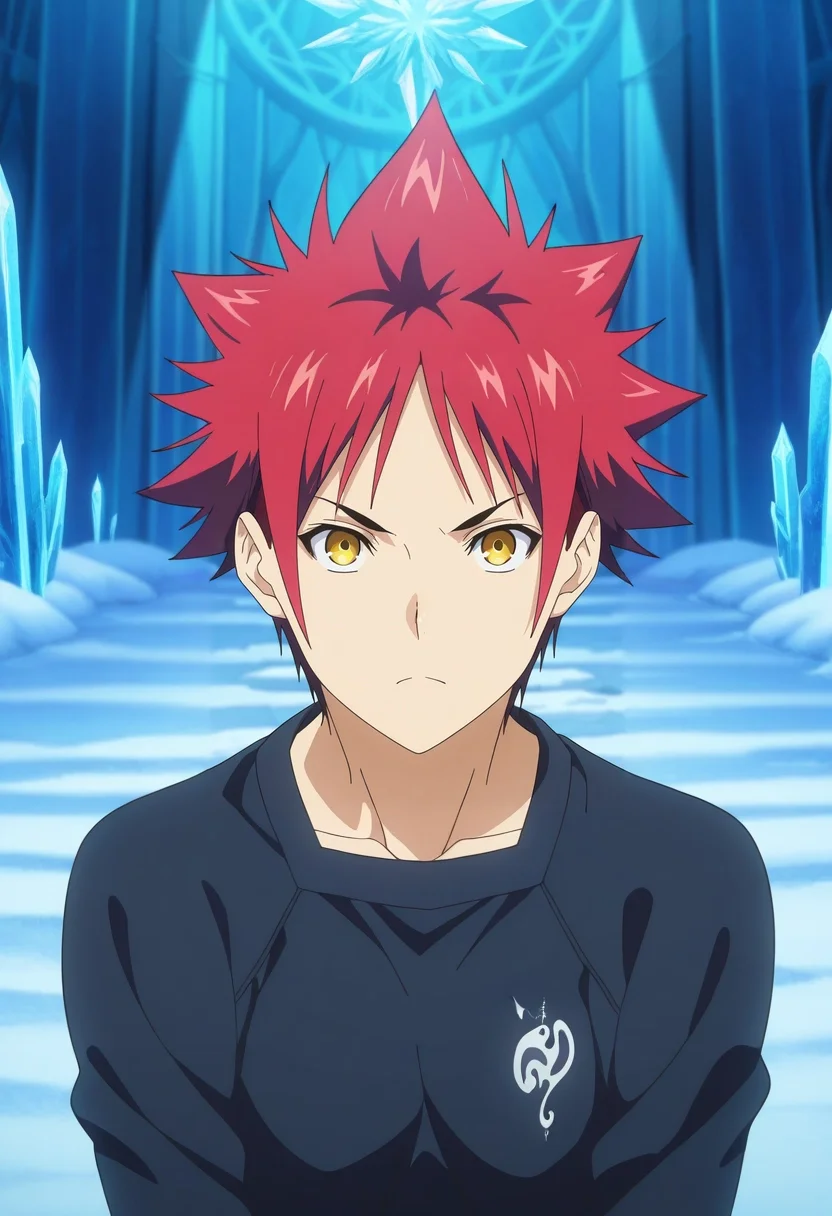 masterpiece, best quality, intricate details, anime screencap, anime coloring, official style, looking at viewer, 1boy, solo, male focus, <lora:souma_yukihira_ilxl:0.98>, souma_yukihira, red hair, yellow eyes, spiked hair, , ice labyrinth, frost patterns, crystal walls, snow drifts, exploring pose, determined expression, filtered light, ,