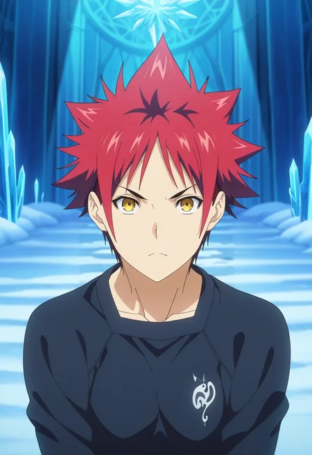 masterpiece, best quality, intricate details, anime screencap, anime coloring, official style, looking at viewer, 1boy, solo, male focus, <lora:souma_yukihira_ilxl:0.98>, souma_yukihira, red hair, yellow eyes, spiked hair, , ice labyrinth, frost patterns, crystal walls, snow drifts, exploring pose, determined expression, filtered light, ,