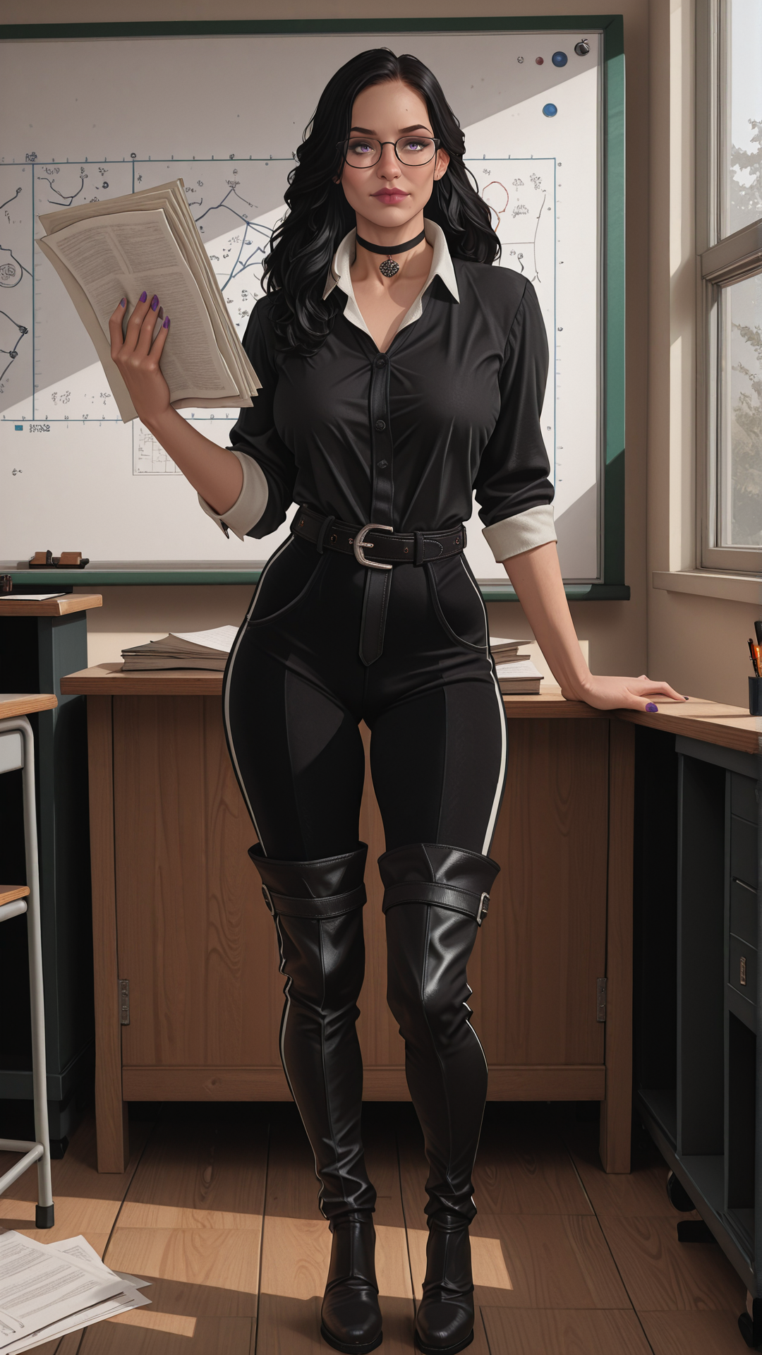 <lora:Incase_New_Illust:0.3>, ICJournals, blocky, painterly, 2d, <lora:MoriiMee_Gothic_Niji_Style_Illustrious_r1:0.3>, artist:moriimee, <lora:Kaos_Comics_Style:0.4>, kaoscomicstyle, masterpiece, best quality, highres, sharp focus, cinematic lighting, hdr, high contrast, classroom, whiteboard, desks, windows, light is shining through window, detailed BREAK
<lora:YenneferIllu:0.6>, yennefer, mature woman, purple eyes, black choker, mole under lips, long black hair, purple nail polish, standing in front of the whiteboard holding papers, wearing casual school teacher outfit, black velvet pants, thigh boots, belt, eyeglasses, random angles and perspectives, full body view,