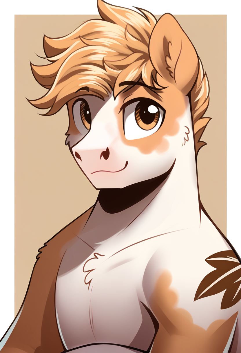 high quality, hires, by braeburned, furry, pony, horse, 1boy, solo, short hair, looking at viewer, topless, <lora:Braeburned_style:1.2>