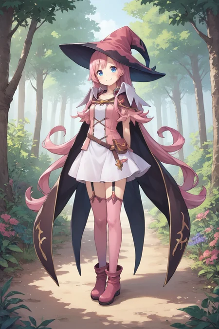 score_9, score_8_up, score_7_up, score_6_up, source_anime, BREAK, <lora:Pamela:0.65> pamdef, 1girl, pink hair, long hair, blue eyes, witch hat, white skirt, cape, black zettai ryouiki, pink thighhighs, garter straps, boots, full body, looking at viewer, smile, happy, scenery, exterior, outdoors, forest, jungle, hands behind back, <lora:backgroundsetXL:0.3> , background,