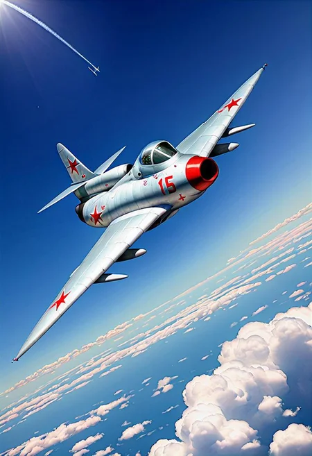 MiG-15, soviet jet fighter. jet, in the sky, soviet stars on wings