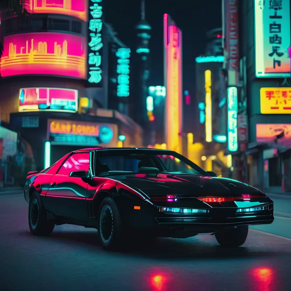 kitt1984 black car with a cyberpunk city in the background, cinematic, epic, neon glow <lora:kitt1984XL:1>