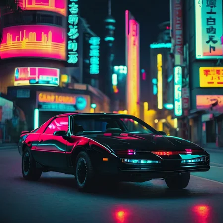 kitt1984 black car with a cyberpunk city in the background, cinematic, epic, neon glow <lora:kitt1984XL:1>