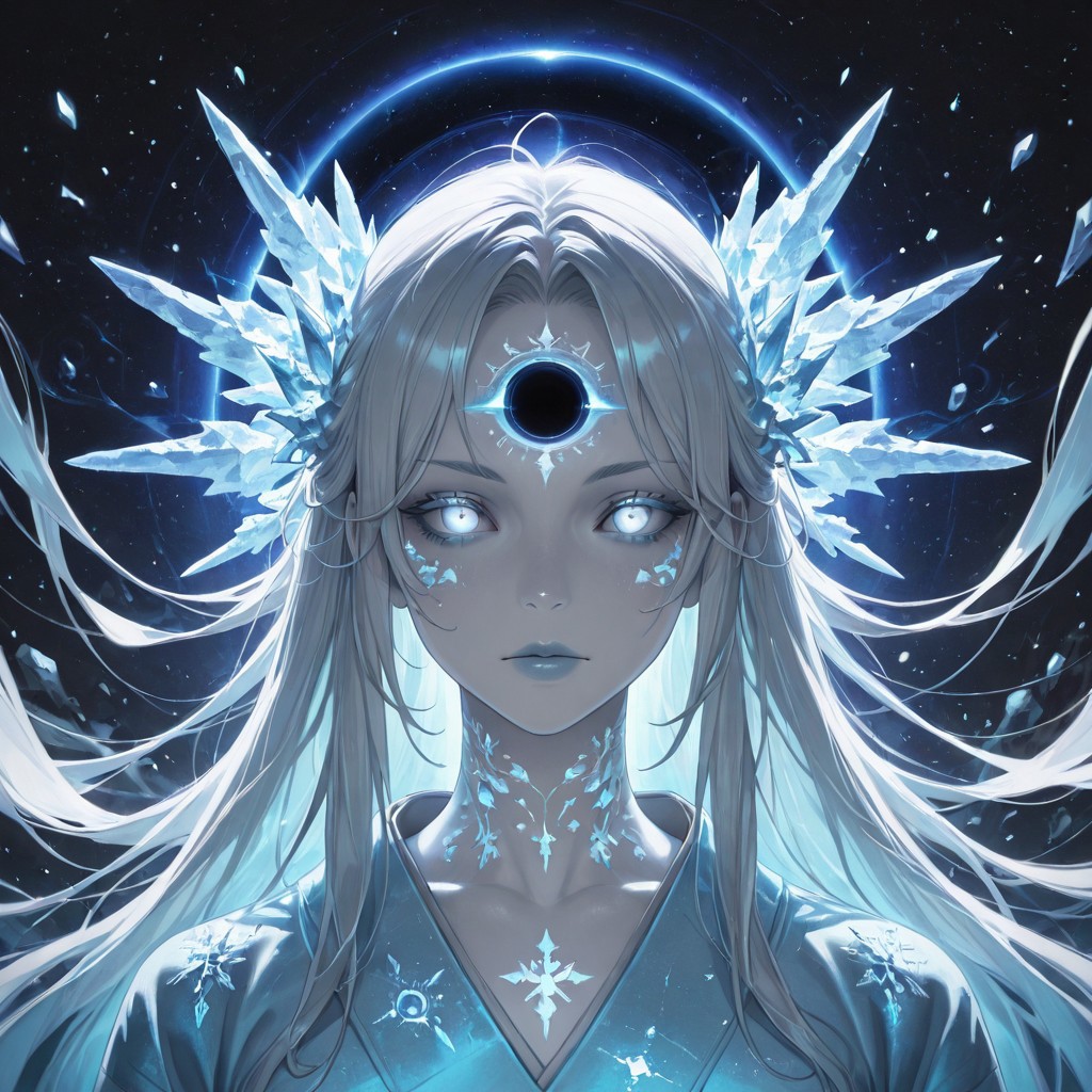 masterpiece,best quality,amazing quality,absurdres, BREAK 
1girl, light blue kimono, floating snowflakes, glowing light blue cracks, starless sky, black hole backdrop, eldritch runes, chains (broken), ice magic, pale skin, colored skin, white skin, glowing blue eyes, floating debris, apocalyptic aura, portrait: symmetrical framing, cosmic horror, anti-gravity hair, white hait, long hair,  reality distortion, forgotten civilization