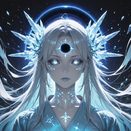 masterpiece,best quality,amazing quality,absurdres, BREAK
1girl, light blue kimono, floating snowflakes, glowing light blue cracks, starless sky, black hole backdrop, eldritch runes, chains (broken), ice magic, pale skin, colored skin, white skin, glowing blue eyes, floating debris, apocalyptic aura, portrait: symmetrical framing, cosmic horror, anti-gravity hair, white hait, long hair, reality distortion, forgotten civilization