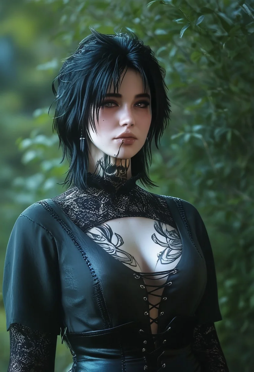 Score_9, score_8_up, score_7_up, 4k, high quality, 1girl, black hair, cross earrings, eyelashes, eyeliner, eyeshadow under eye, facial mark, grey eyes, makeup, messy hair, neck tattoo, pale skin, red eyeshadow, short hair, tattoo, jewelry, chest tattoo, freckles, medium hair, scar, black lips, black dress, center opening, cleavage, black corset, cleavage cutout, fishnets, floral print, goth fashion, ornate clothes, arm tattoo, corset, long sleeves, plunging neckline, big natural breasts, fit, presenting, light skinned, perfect hands, expressionless,
((full-clothed)),
rating_explicit, expressive, ((upper body)), dynamic pose, action pose, full clothed,
vibrant background, detailed environment, bright lighting, colorful scenery, lush greenery, vivid colors, intricate details, realistic textures, expressive eyes, captivating expression, dynamic and engaging pose, zPDXL3, zPDXLrl