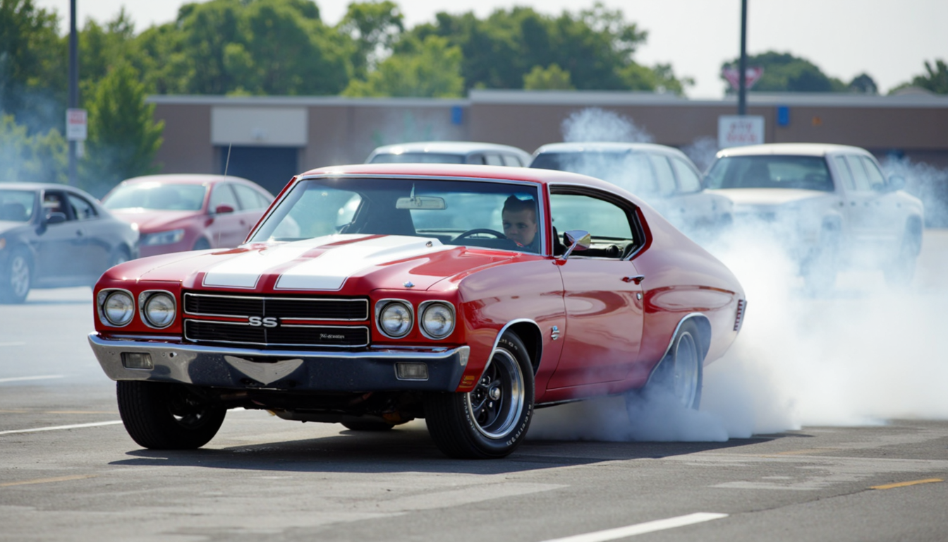 1970chevelless with two tone paint, doing donuts in a walmart parking lot, smoke from tires, back tires are spinning|blurry, teenage boy driving,
extremely detailed, sharp focus, sharp