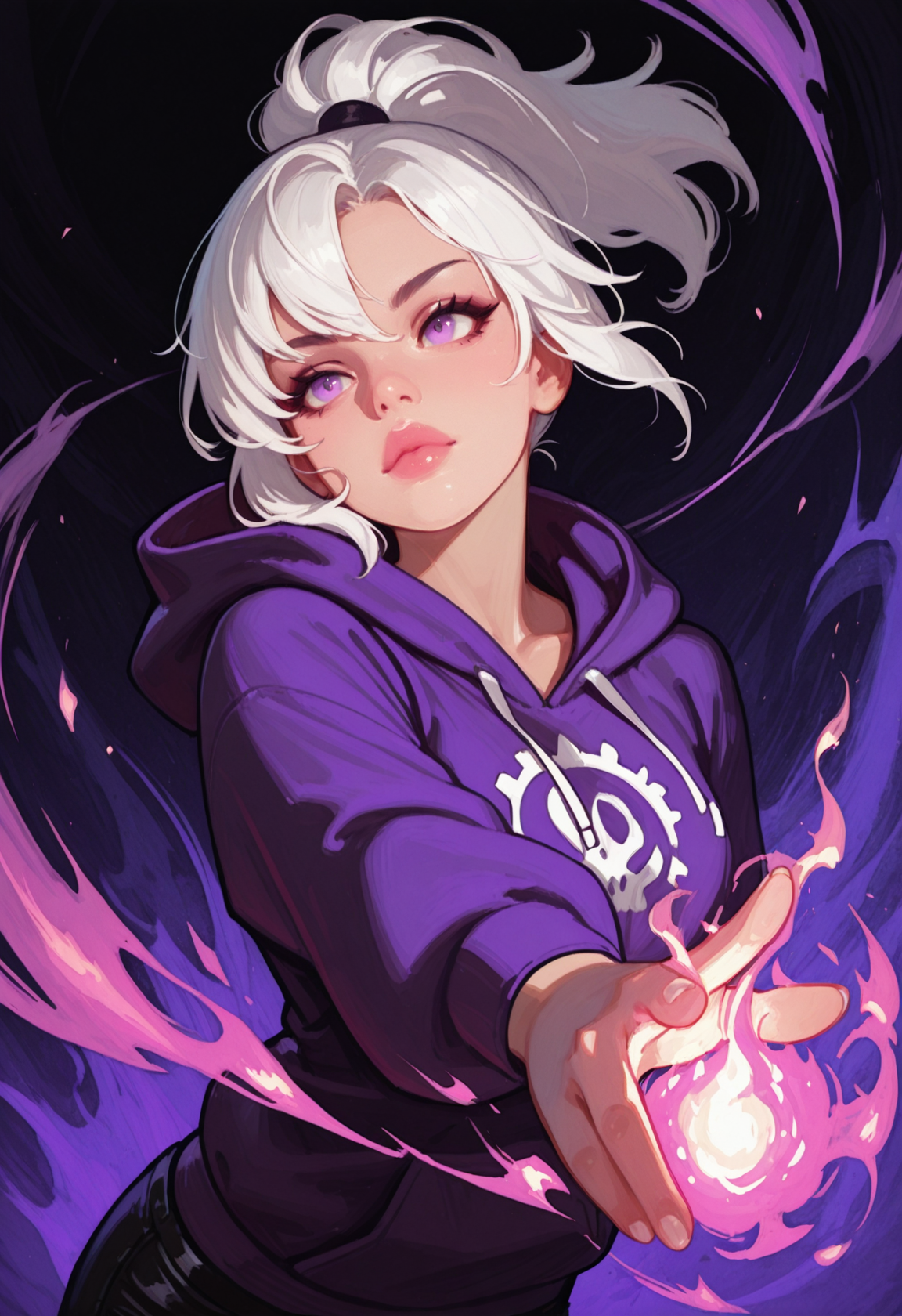 girl, goth, purple hoodie, white hair, ponytail, magic, arkane_dark, purple magic on hands, flames, fire, half body, solo, masterwork, masterpiece, best quality, dynamic lighting , dynamic pose,,  dynamic angle, lips, nose
