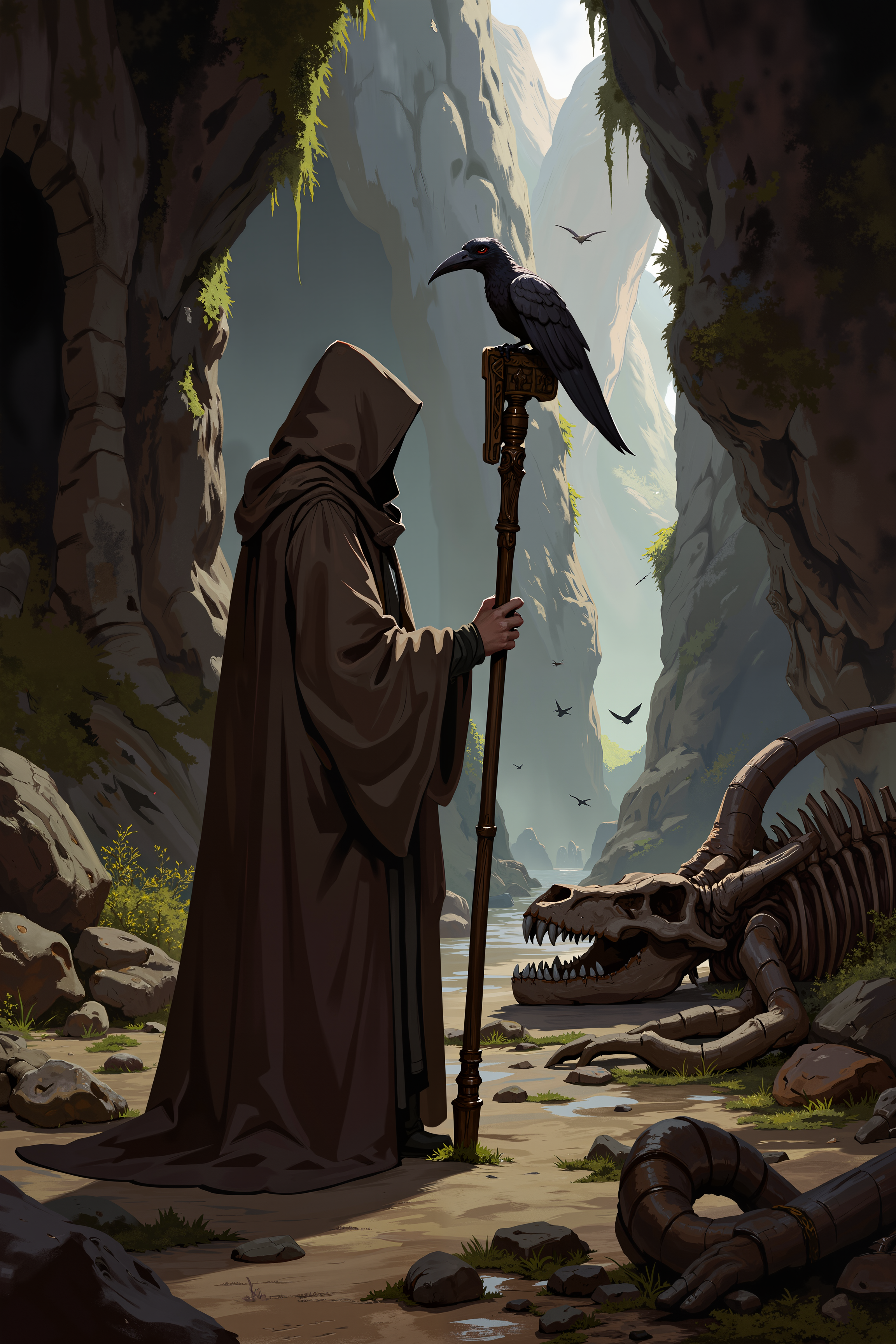 a dark, mystical cave scene. The central figure is a lone, hooded figure standing on the left side of the image, facing right. The figure is dressed in a long, dark brown cloak that covers most of their body, with only their hands and the end of their staff visible. They hold a tall staff with a carved handle, on which a small, dark, bat-like creature is perched. The creature has a long, pointed beak and leathery wings.In the background, the cave walls are rough and jagged, covered in patches of moss and lichen, giving the cave a damp and ancient feel. The floor of the cave is littered with large, skeletal remains of what appear to be animals or possibly dinosaurs, their bones arranged in a somewhat orderly fashion. The cave is filled with dim, diffused light, coming from a distant opening at the back, where a few birds can be seen flying in and out.The overall atmosphere is eerie and mysterious, with the use of dark and muted colors, enhancing the sense of depth and foreboding. The scene is rich in detail, with textures ranging from the smooth stone of the cave walls to the rough, organic appearance of the bones. , detailed background  Fantastic lighting. Detailed shadows.intricate details, vivid colors, hyper-detailed, ultra-sharp, , <lora:XRSTYLE_FLUX:0.5><lora:RetroAnimeFluxV1:0.4><lora:MoriiMee_Gothic_Niji_Style_FLUX:0.3>