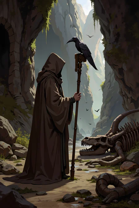 a dark, mystical cave scene. The central figure is a lone, hooded figure standing on the left side of the image, facing right. The figure is dressed in a long, dark brown cloak that covers most of their body, with only their hands and the end of their staff visible. They hold a tall staff with a carved handle, on which a small, dark, bat-like creature is perched. The creature has a long, pointed beak and leathery wings.In the background, the cave walls are rough and jagged, covered in patches of moss and lichen, giving the cave a damp and ancient feel. The floor of the cave is littered with large, skeletal remains of what appear to be animals or possibly dinosaurs, their bones arranged in a somewhat orderly fashion. The cave is filled with dim, diffused light, coming from a distant opening at the back, where a few birds can be seen flying in and out.The overall atmosphere is eerie and mysterious, with the use of dark and muted colors, enhancing the sense of depth and foreboding. The scene is rich in detail, with textures ranging from the smooth stone of the cave walls to the rough, organic appearance of the bones. , detailed background Fantastic lighting. Detailed shadows.intricate details, vivid colors, hyper-detailed, ultra-sharp, , <lora:XRSTYLE_FLUX:0.5><lora:RetroAnimeFluxV1:0.4><lora:MoriiMee_Gothic_Niji_Style_FLUX:0.3>