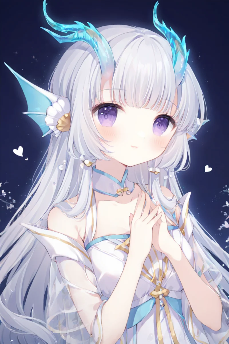 CHII,1girl,solo,light smile,upper body,looking at viewer,smile,own hands together,closed mouth, hearts, <lora:Chobits_XL:0.7>, dragon horns, fins, head fins, parted lips, blush, white dress,blue dress, bare shoulders <lora:Xishi_YLQY_xl:1>