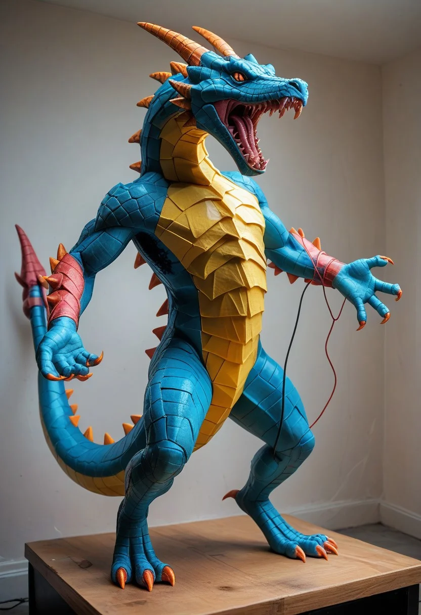 end_tripwire_morph, no humans, spikes, teeth, dragon made out of wire and electrical cables, tail, sharp teeth, claws, open mouth, solo, neon, wires, made of wires, cables, outlined with wires and neon, neon outlines, wire sculpture, neon wire sculpture, PonyXLV6_Scores